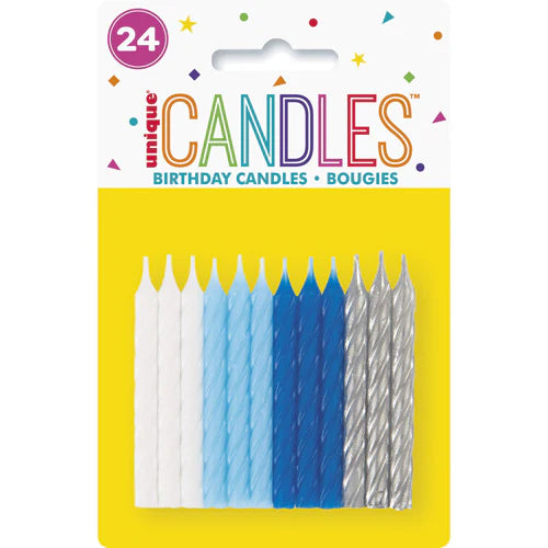 Unique Spiral Birthday Candles - 24pcs - White/Blue/Silver