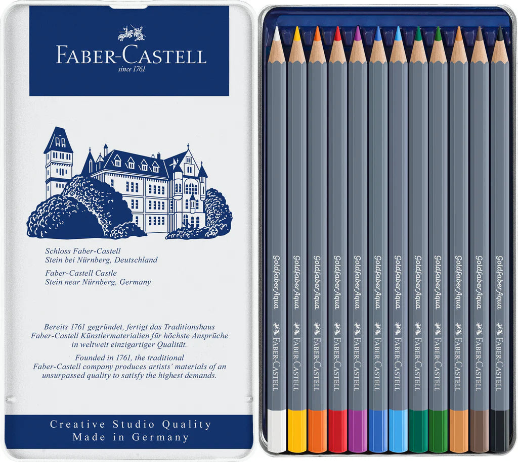 Faber-Castell Watercolour Pencil Goldfaber Aqua - Tin x 12 Assorted Colours