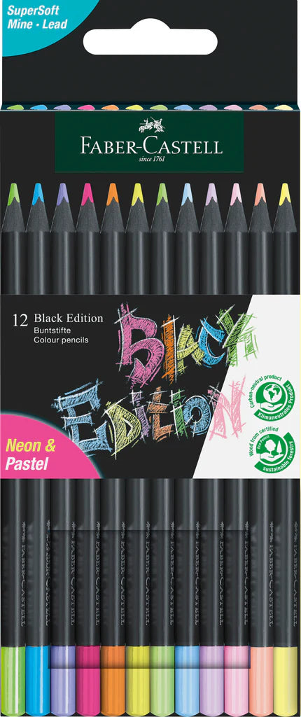 Faber-Castell Colouring Pencil Black Edition Packet x 12/NEON + PASTEL