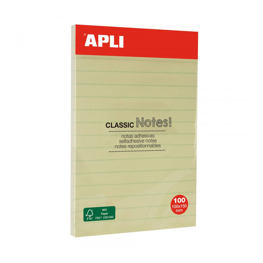 Adhesive notes with lines 100 x 150 mm block of 100 sheets color yellow