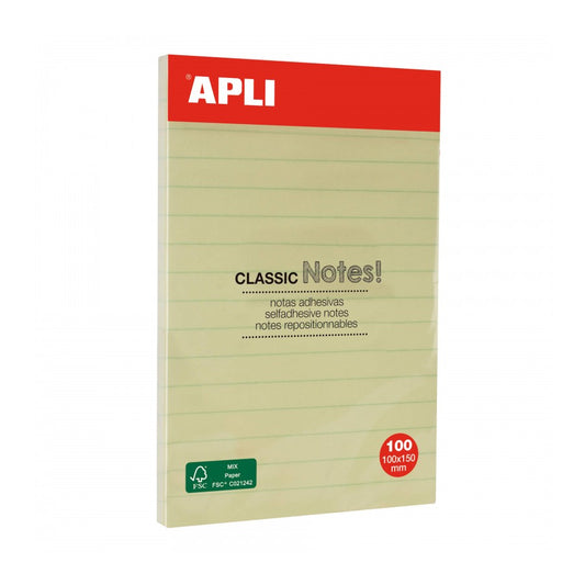 Adhesive notes with lines 100 x 150 mm block of 100 sheets color yellow