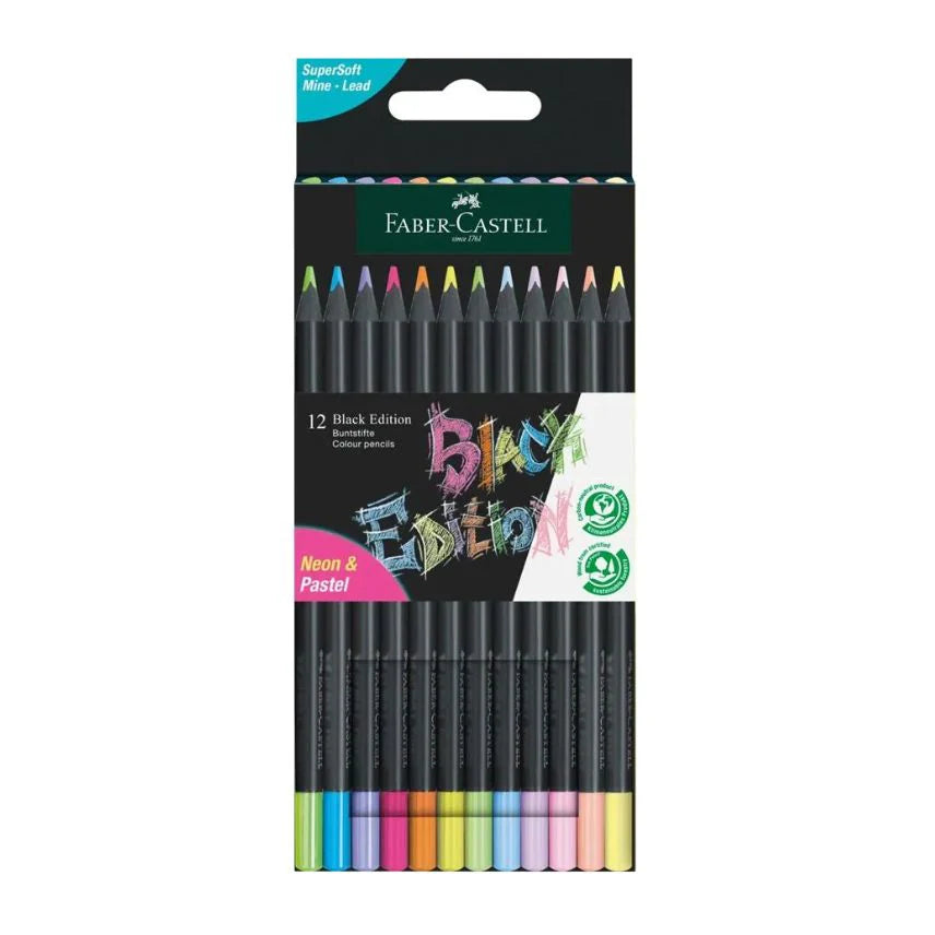 Faber-Castell Colouring Pencils - Colouring Pencils - Colouring Pencils Pack of 12 Neon & Pastels Black Edition