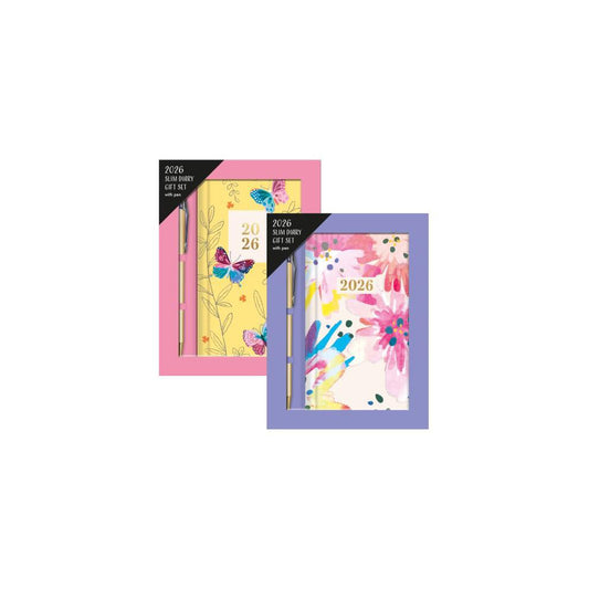 Floral Slim 2026 Diary With Pen 2 Assorted Designs