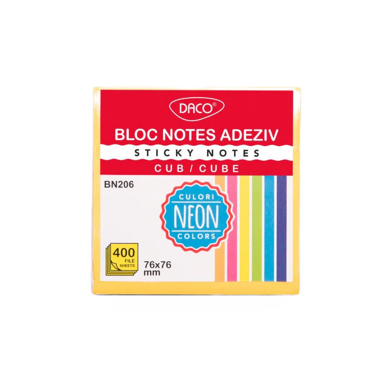 Daco Adhesive Sticky Notes 76 x 76mm 400 Sheets Neon Colours