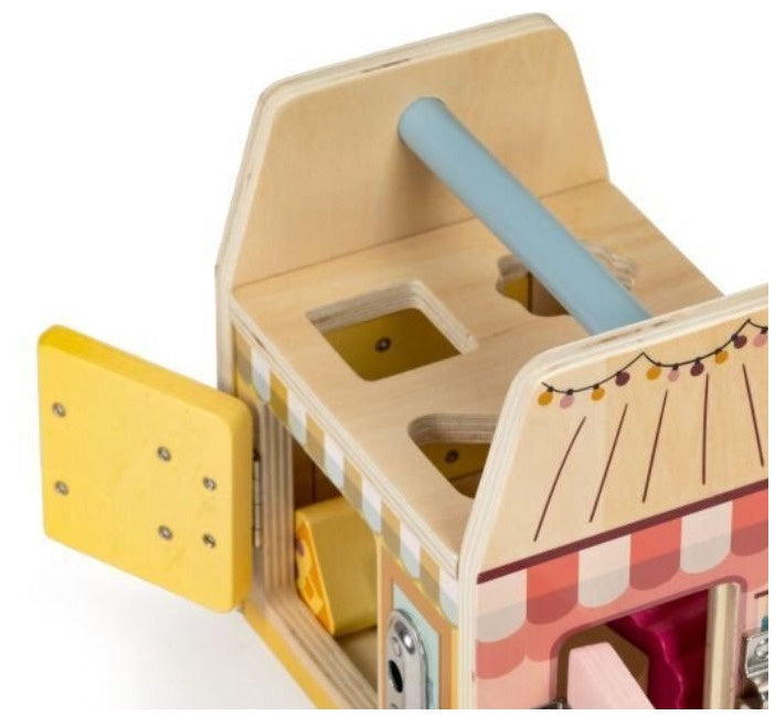 Wooden educational cube with sorter and locks