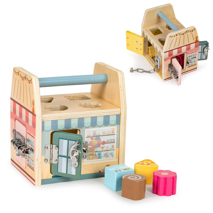 Wooden educational cube with sorter and locks