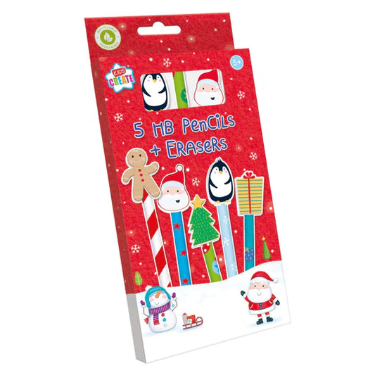 Christmas Pencils & Novelty Erasers- 5 Pack
