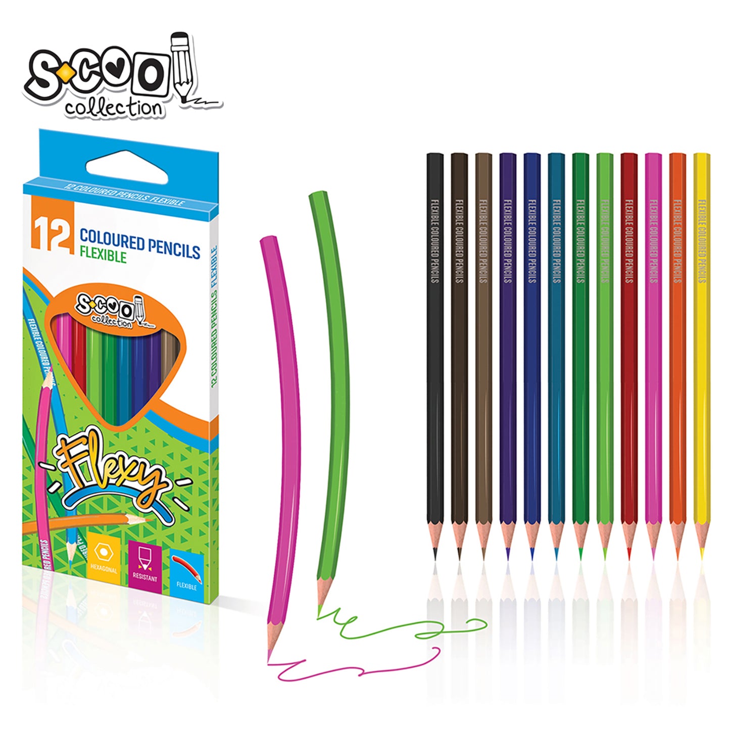 FLEXY COLOURED PENCILS SET 12PCS HEXAGONAL SHAPE SC599