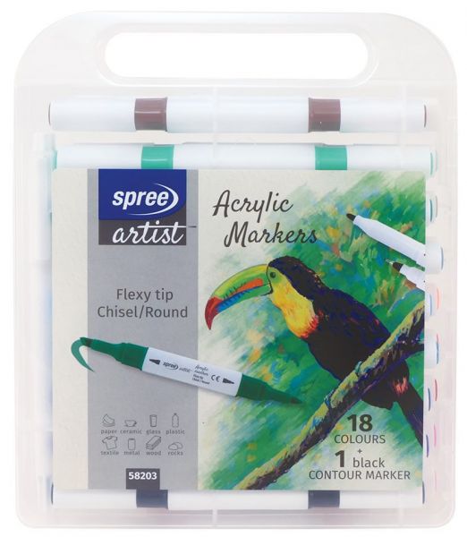 SPREE -  Acrylic Markers Flexy Tip- Round - set of 18 + 1 black contour marker